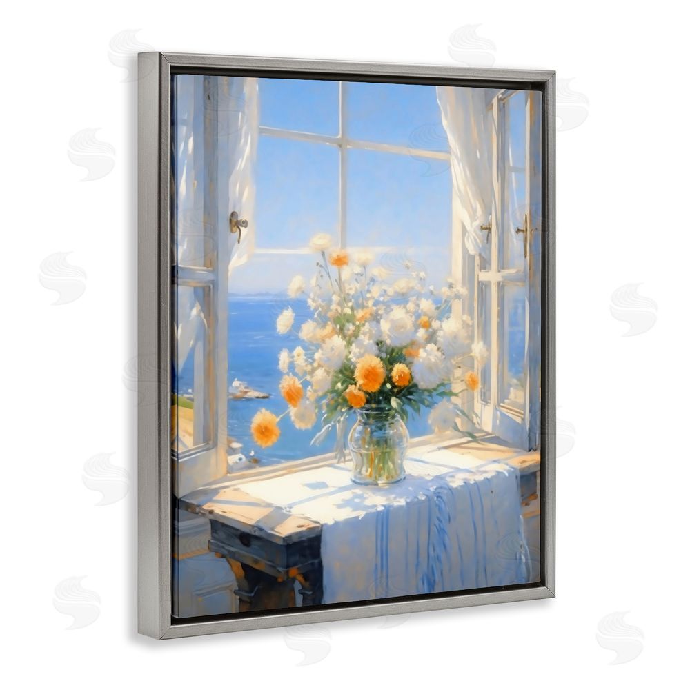 Creative Studio Floral Window View of Sea Gray Floating Framed Canvas Wall Art