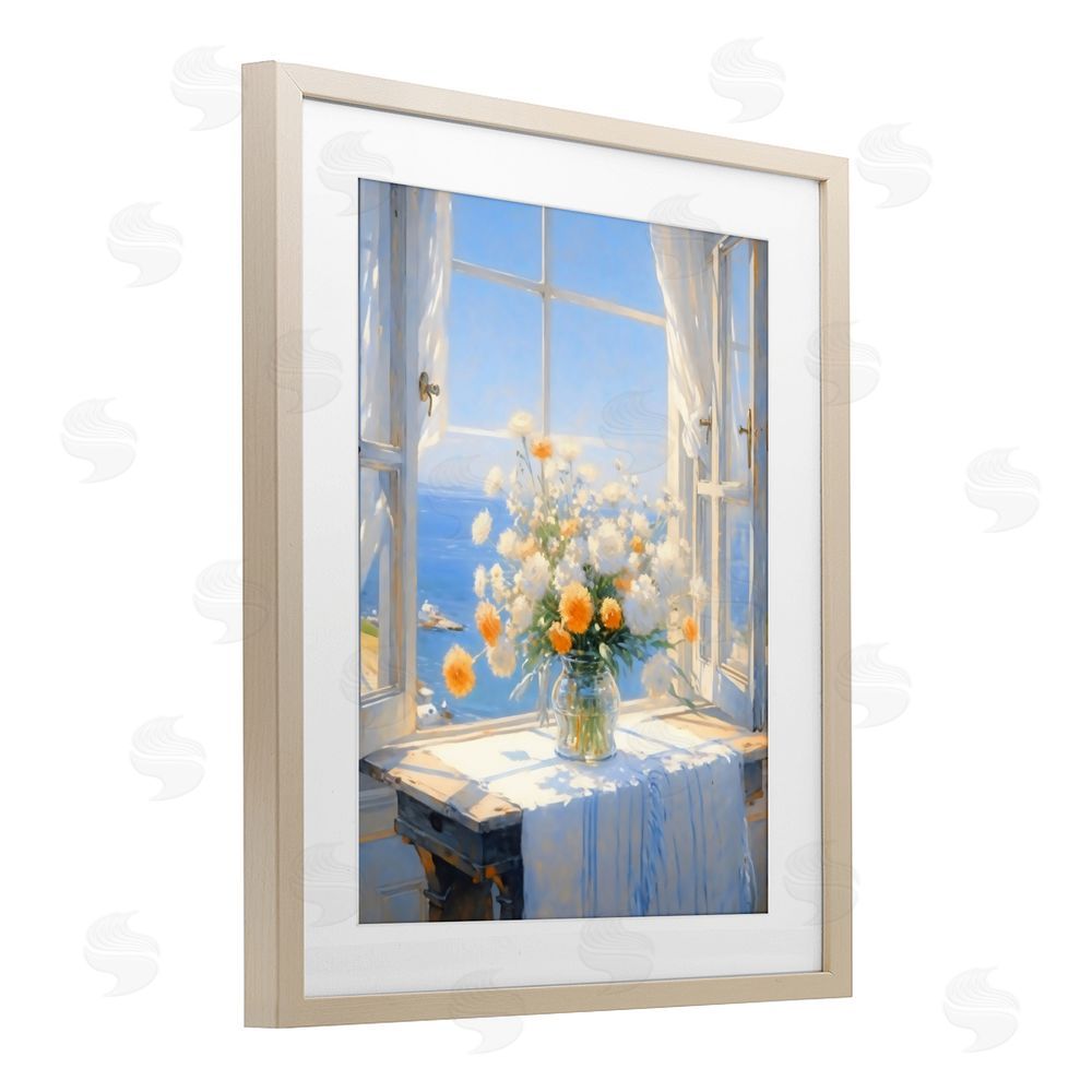 Creative Studio Floral Window View of Sea Brown Framed Print Under Glass Wall Art