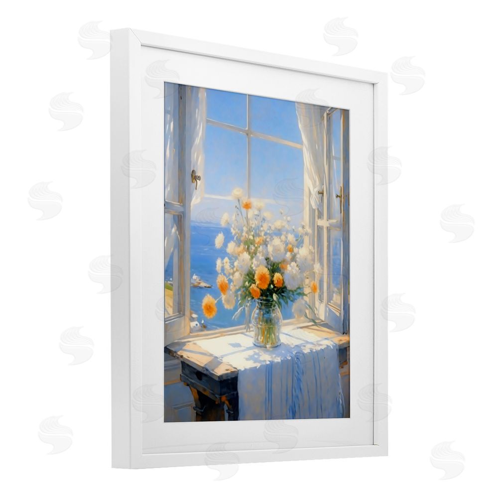 Creative Studio Floral Window View of Sea White Framed Print Under Glass Wall Art