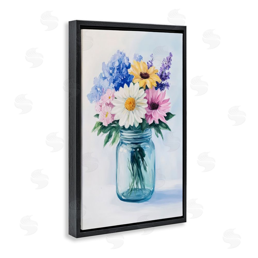 Petal Prints Design Country Jar Wildflower Bouquet Black Floating Frame Canvas Wall Art Print