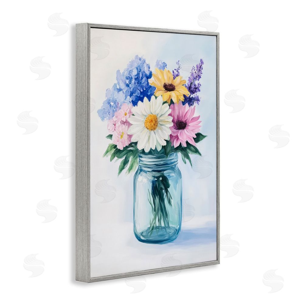 Petal Prints Design Country Jar Wildflower Bouquet Gray Framed Giclee Wall Art Print