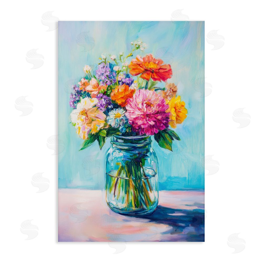 Petal Prints Design Vibrant Country Jar Bouquet Stretched Canvas Wall Art Print
