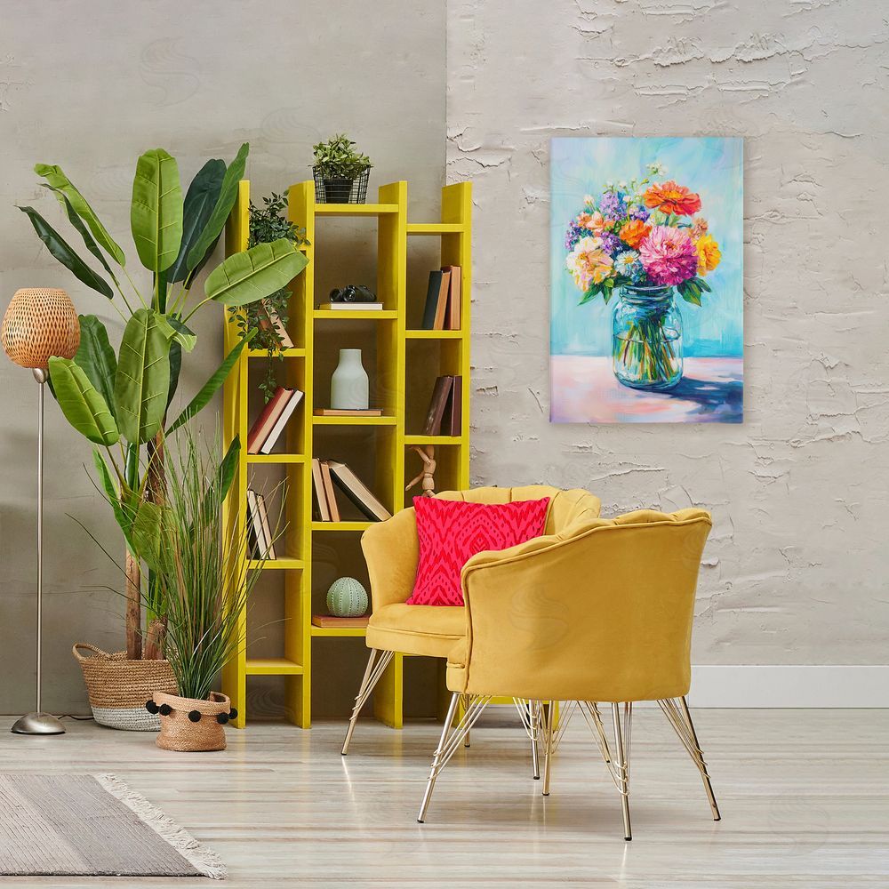 Petal Prints Design Vibrant Country Jar Bouquet Stretched Canvas on Wall