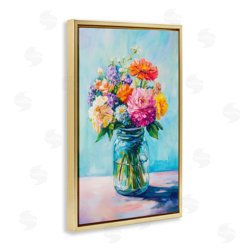 Petal Prints Design Vibrant Country Jar Bouquet Gold Floating Framed Canvas Wall Art Print