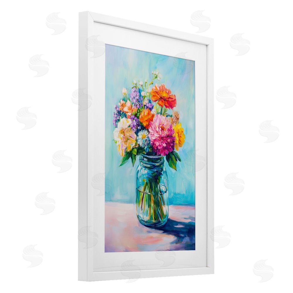 Petal Prints Design Vibrant Country Jar Bouquet White Framed Print Under Glass with White Mat Wall Art