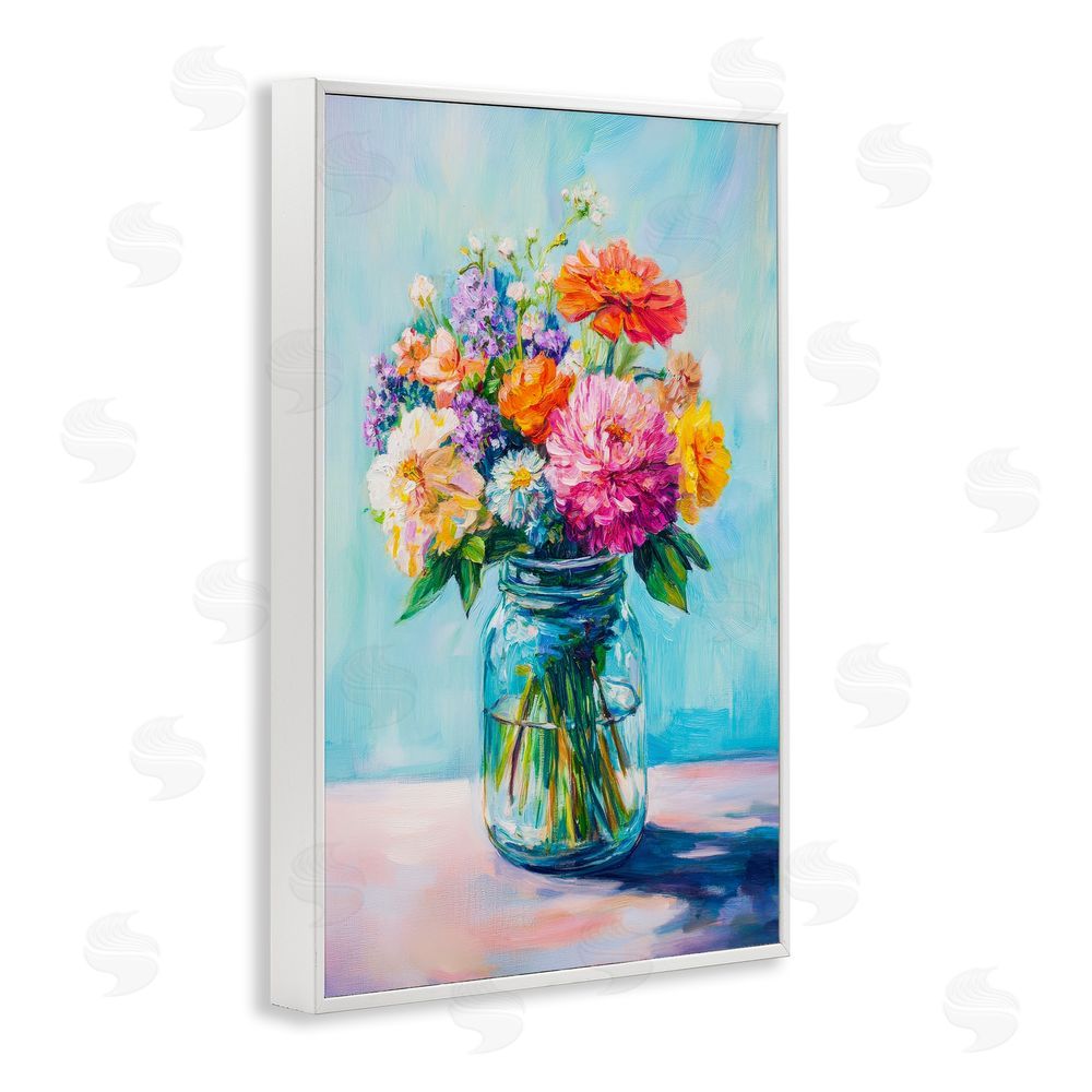 Petal Prints Design Vibrant Country Jar Bouquet White Framed Giclee Wall Art Print