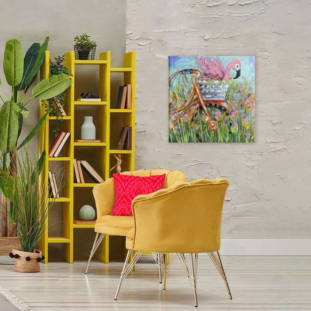Estelle Grengs Flamingo's Free Bicycle Ride Stretched Canvas Wall Art in Room
