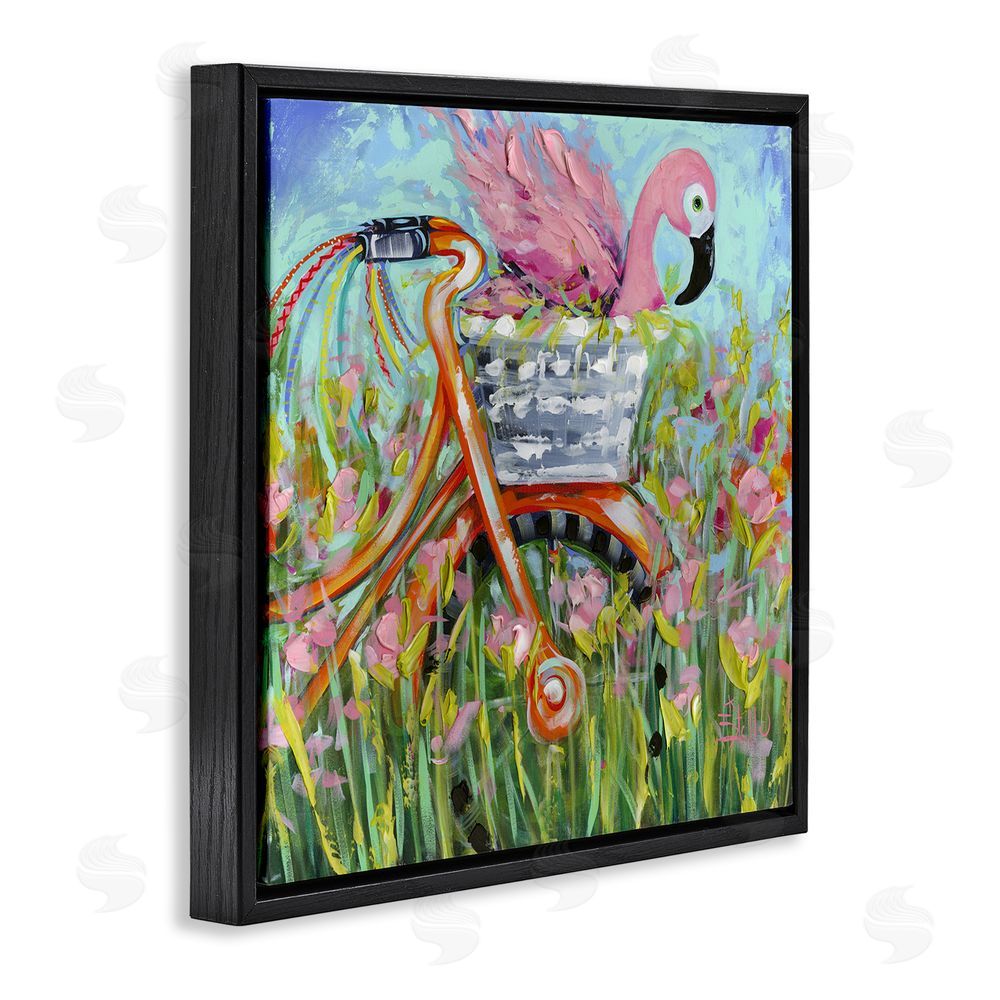 Estelle Grengs Flamingo's Free Bicycle Ride Black Floating Framed Canvas Wall Art