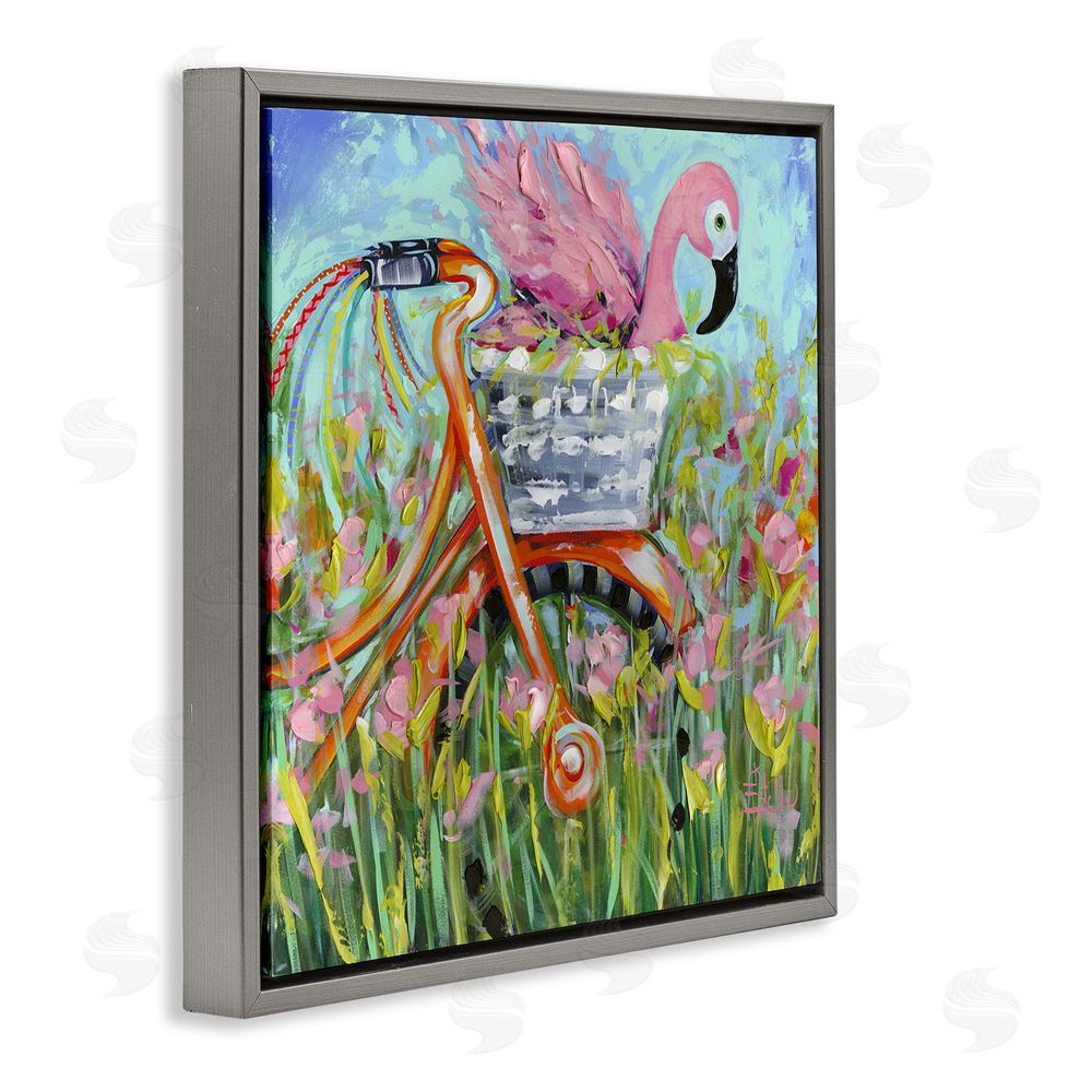 Estelle Grengs Flamingo's Free Bicycle Ride Gray Floating Framed Canvas Wall Art