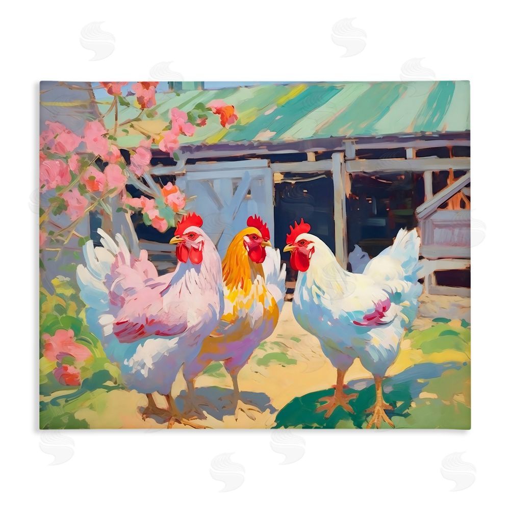 Creative Studio Colorful Chickens in Sunlit Yard Stretched Canvas Wall Art