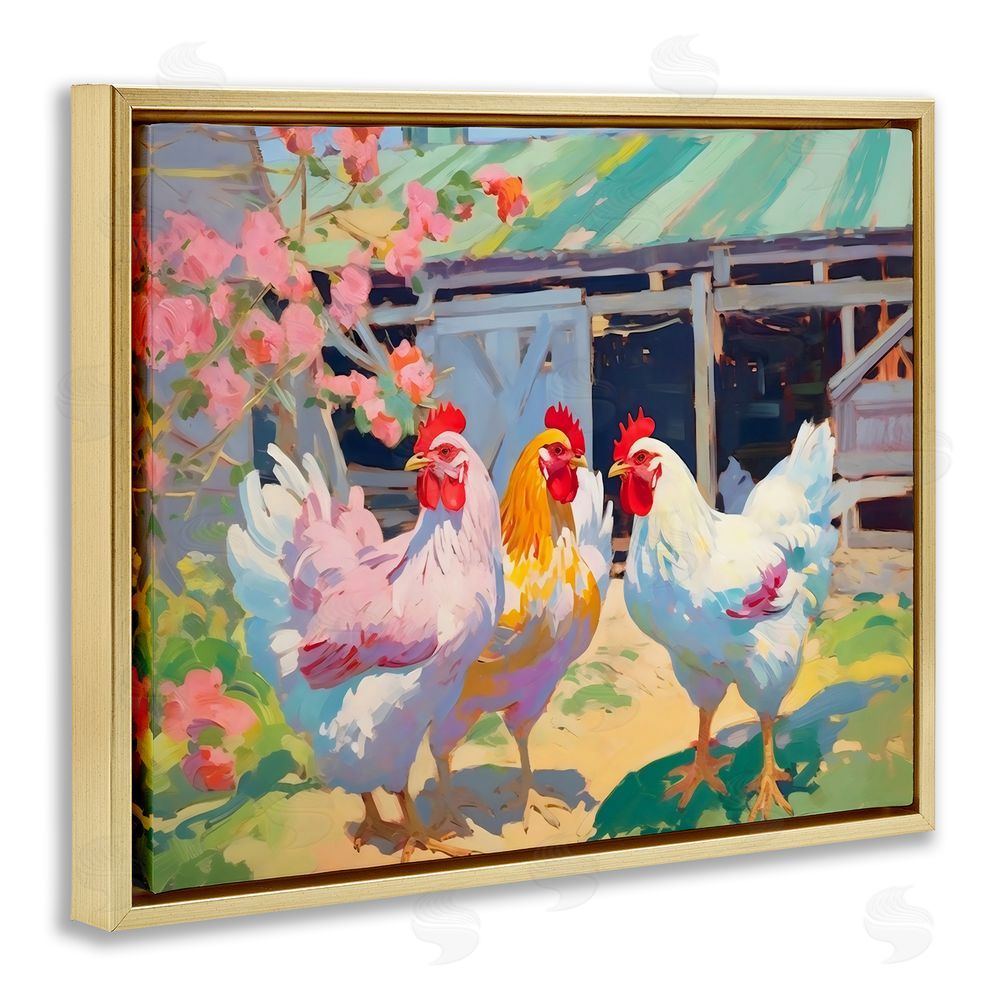 Creative Studio Colorful Chickens in Sunlit Yard Gold Floating Frame Canvas Wall Art Print