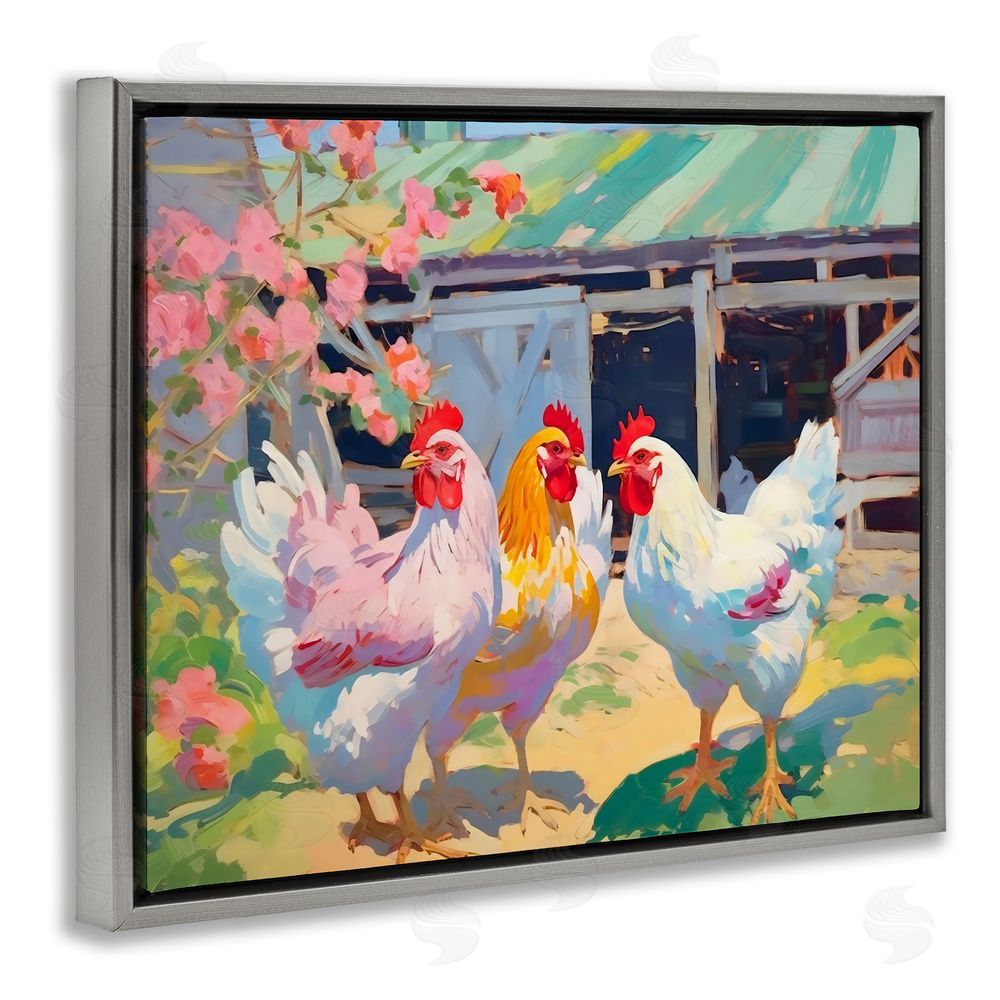 Creative Studio Colorful Chickens in Sunlit Yard Gray Floating Frame Canvas Wall Art Print