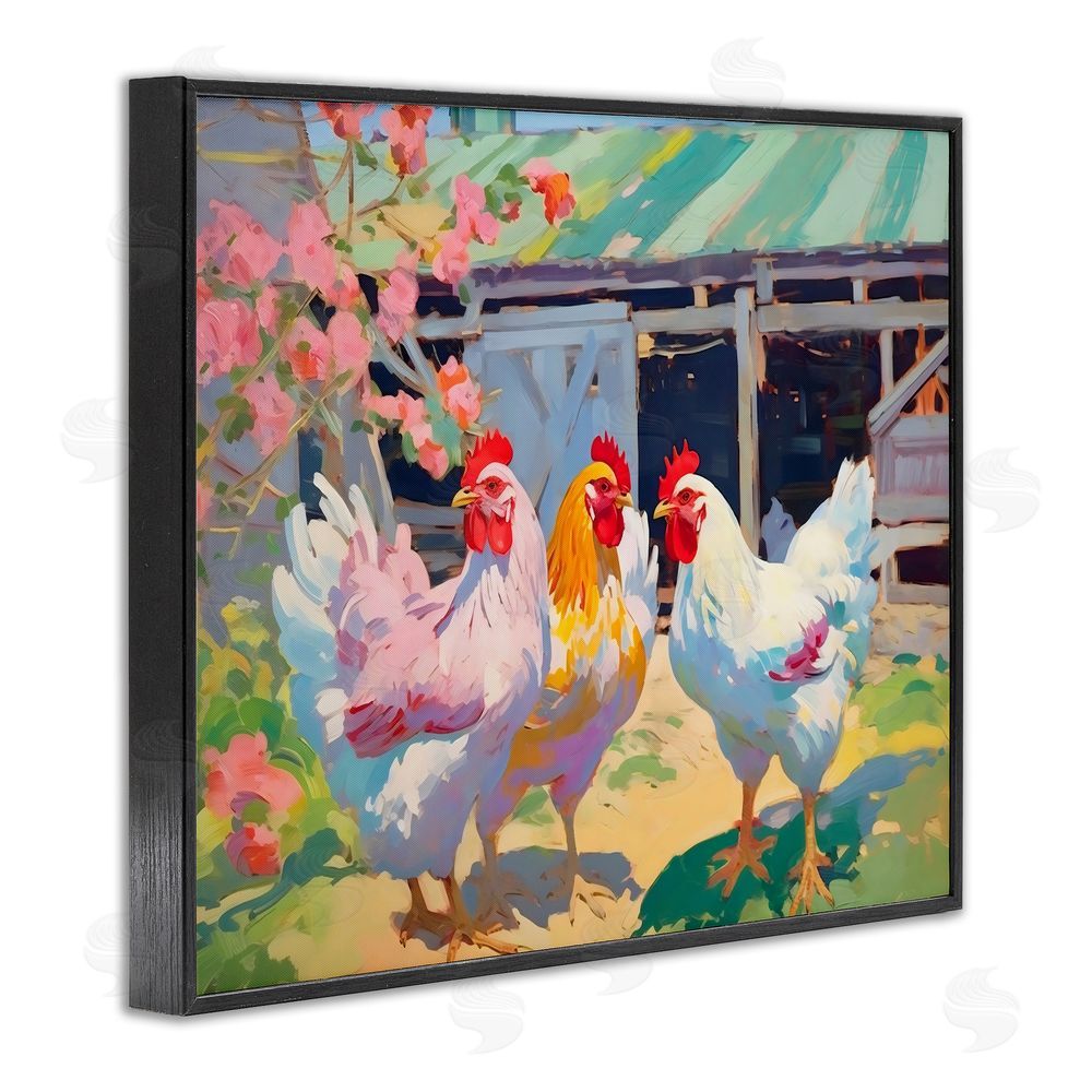 Creative Studio Colorful Chickens in Sunlit Yard Black Framed Giclee Wall Art Print