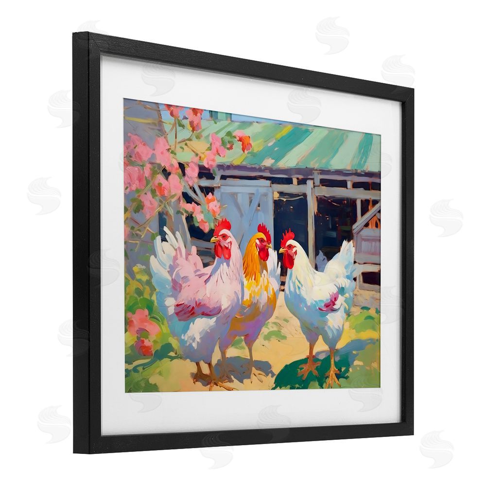 Creative Studio Colorful Chickens in Sunlit Yard Black Framed Print Under Glass Wall Art