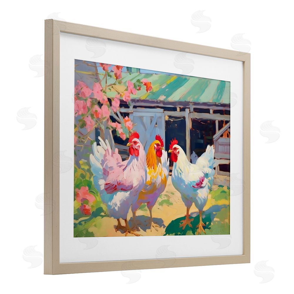 Creative Studio Colorful Chickens in Sunlit Yard Brown Framed Print Under Glass Wall Art