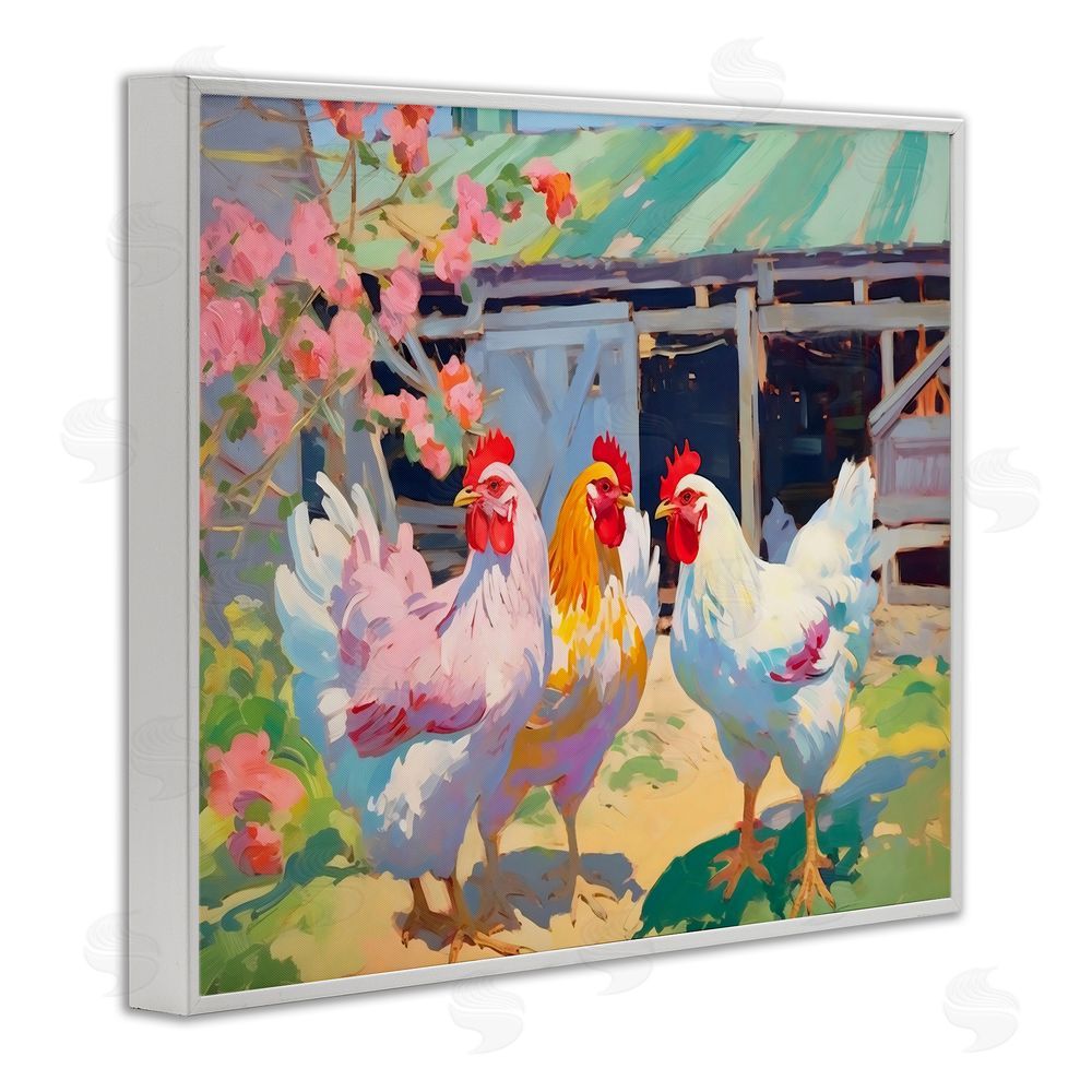 Creative Studio Colorful Chickens in Sunlit Yard White Framed Giclee Wall Art Print