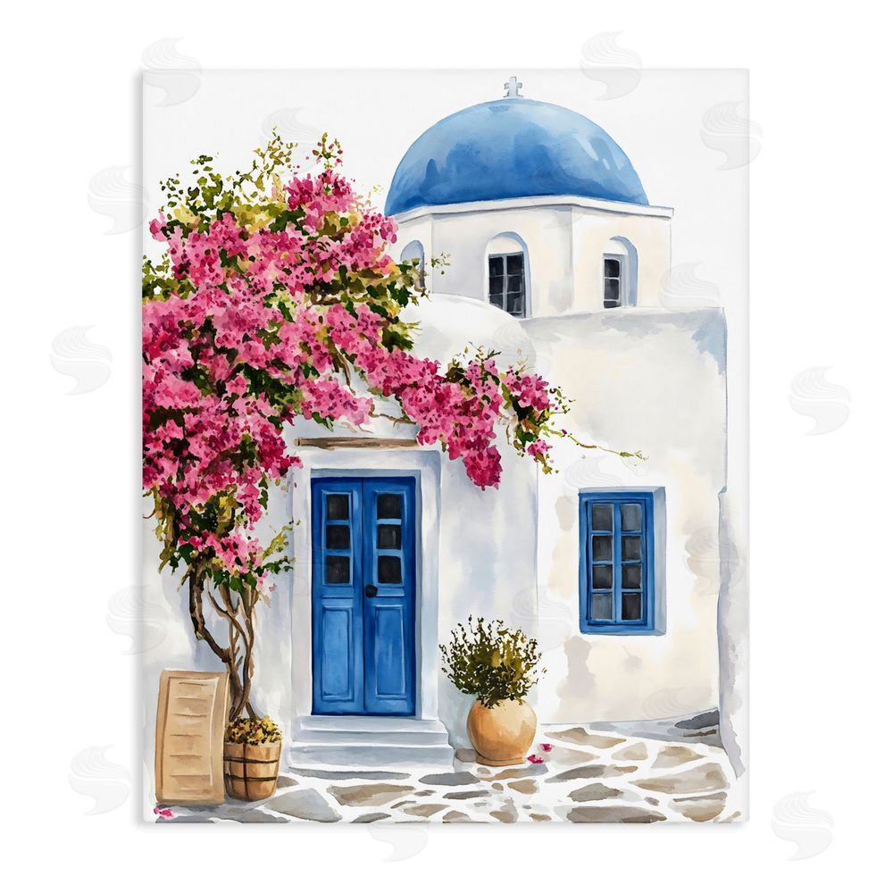 LSR Design Studio Santorini House with Bougainvillea Stretched Canvas Wall Art Print