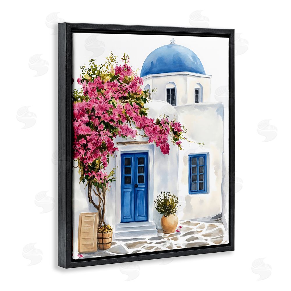 LSR Design Studio Santorini House with Bougainvillea Black Floating Framed Canvas Wall Art Print