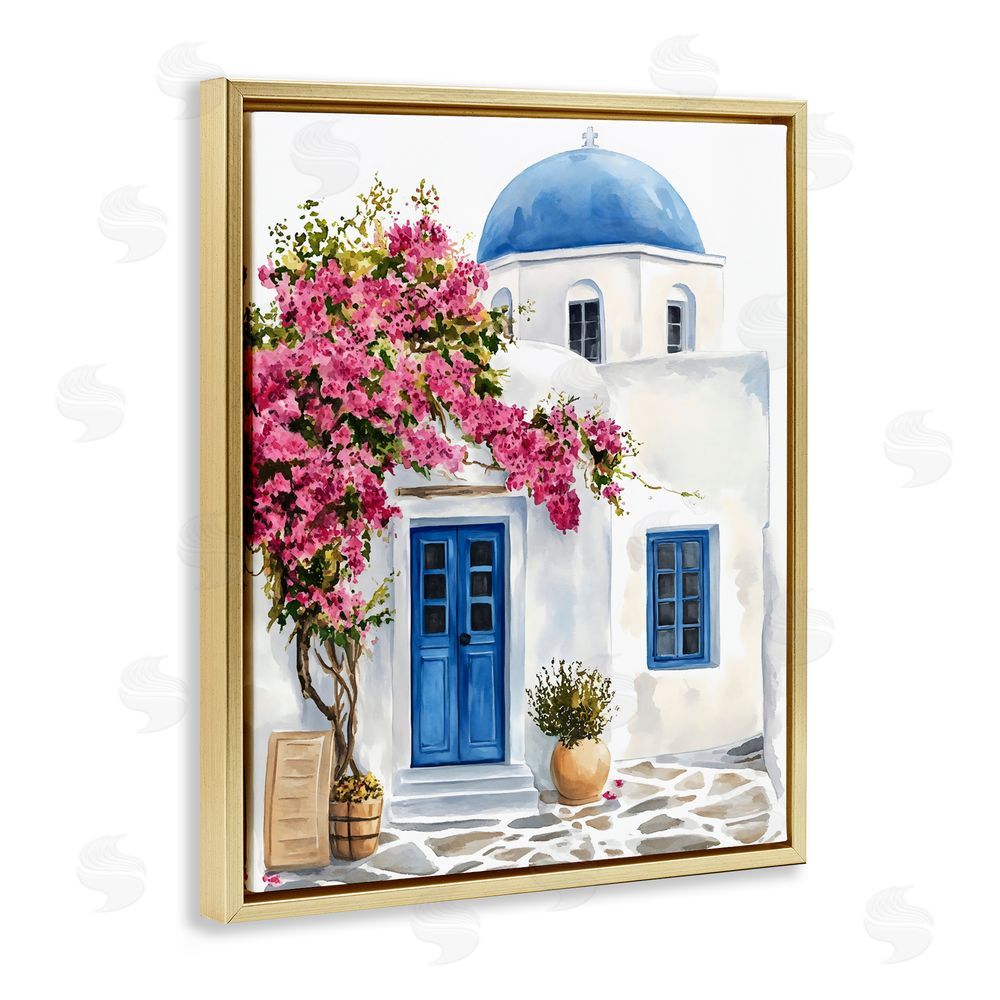 LSR Design Studio Santorini House with Bougainvillea Gold Floating Framed Canvas Wall Art Print