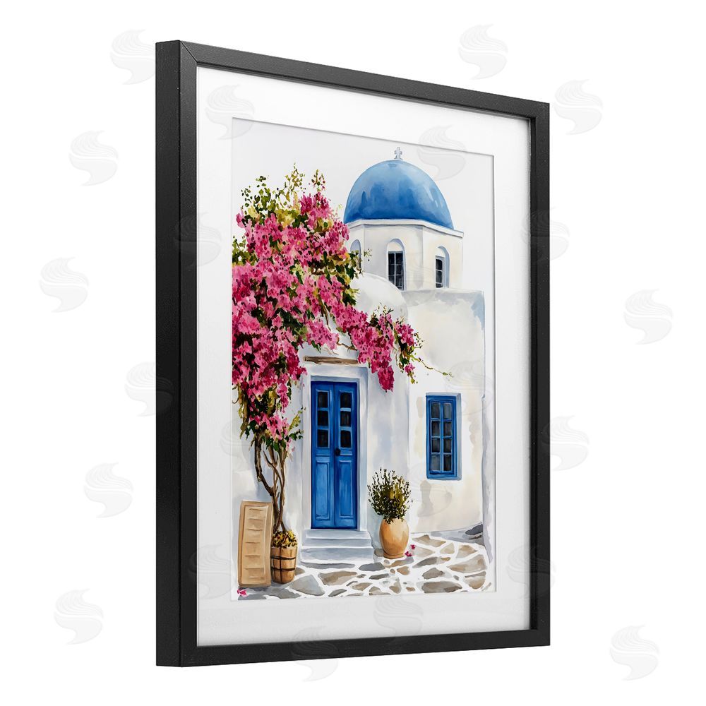 LSR Design Studio Santorini House with Bougainvillea Black Framed Print Under Glass with White Mat Wall Art