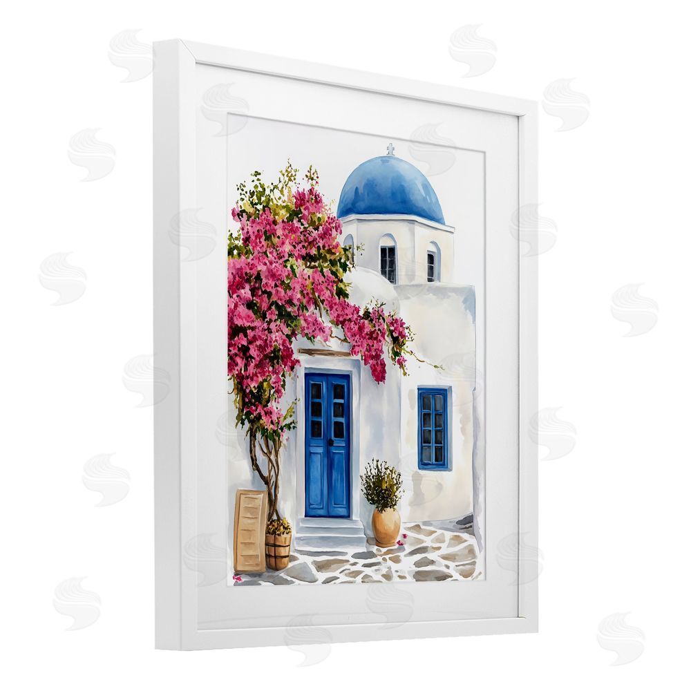 LSR Design Studio Santorini House with Bougainvillea White Framed Print Under Glass with White Mat Wall Art