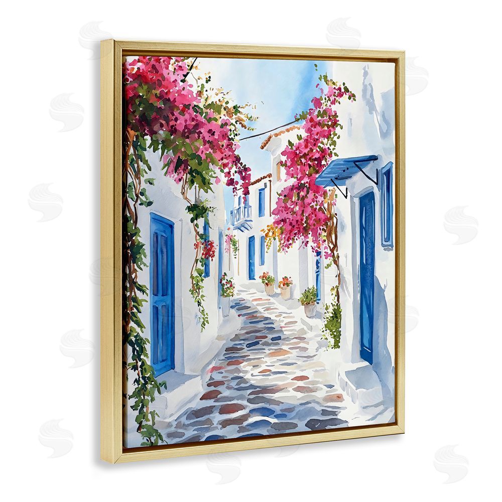 LSR Design Studio Santorini Stone Street Pathway Gold Floating Framed Canvas Wall Art Print