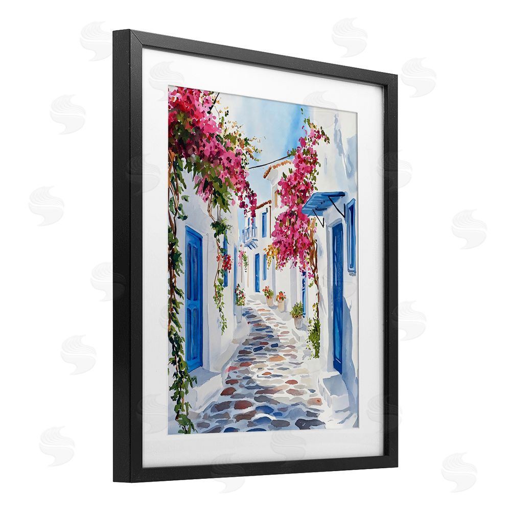 LSR Design Studio Santorini Stone Street Pathway Black Framed Print Under Glass with White Mat Wall Art