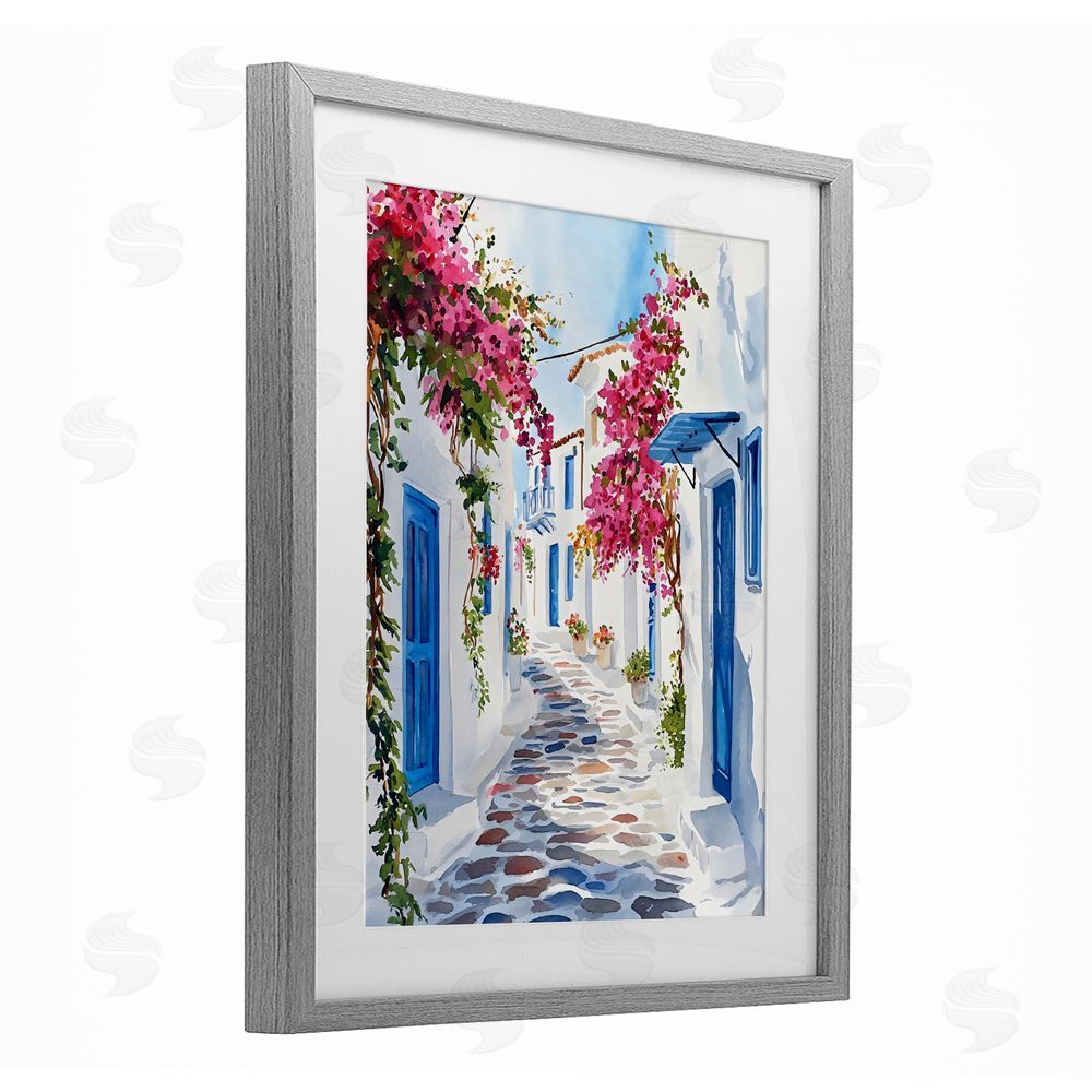 LSR Design Studio Santorini Stone Street Pathway Gray Framed Print Under Glass with White Mat Wall Art