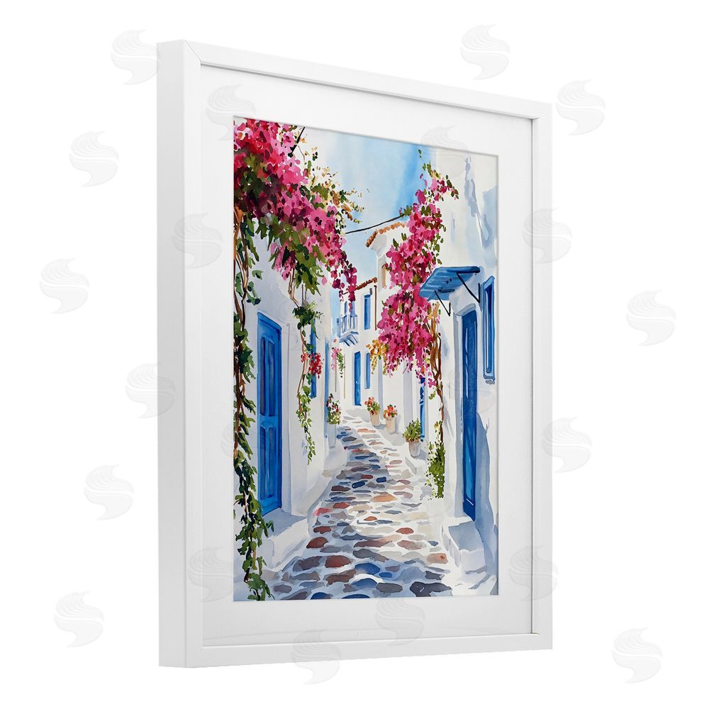 LSR Design Studio Santorini Stone Street Pathway White Framed Print Under Glass with White Mat Wall Art