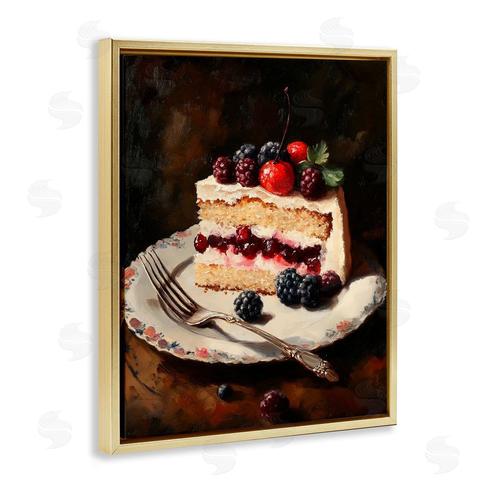 Franklyn Gregory Berry Topped Cake Slice Gold Floating Frame Stretched Canvas Wall Art Print