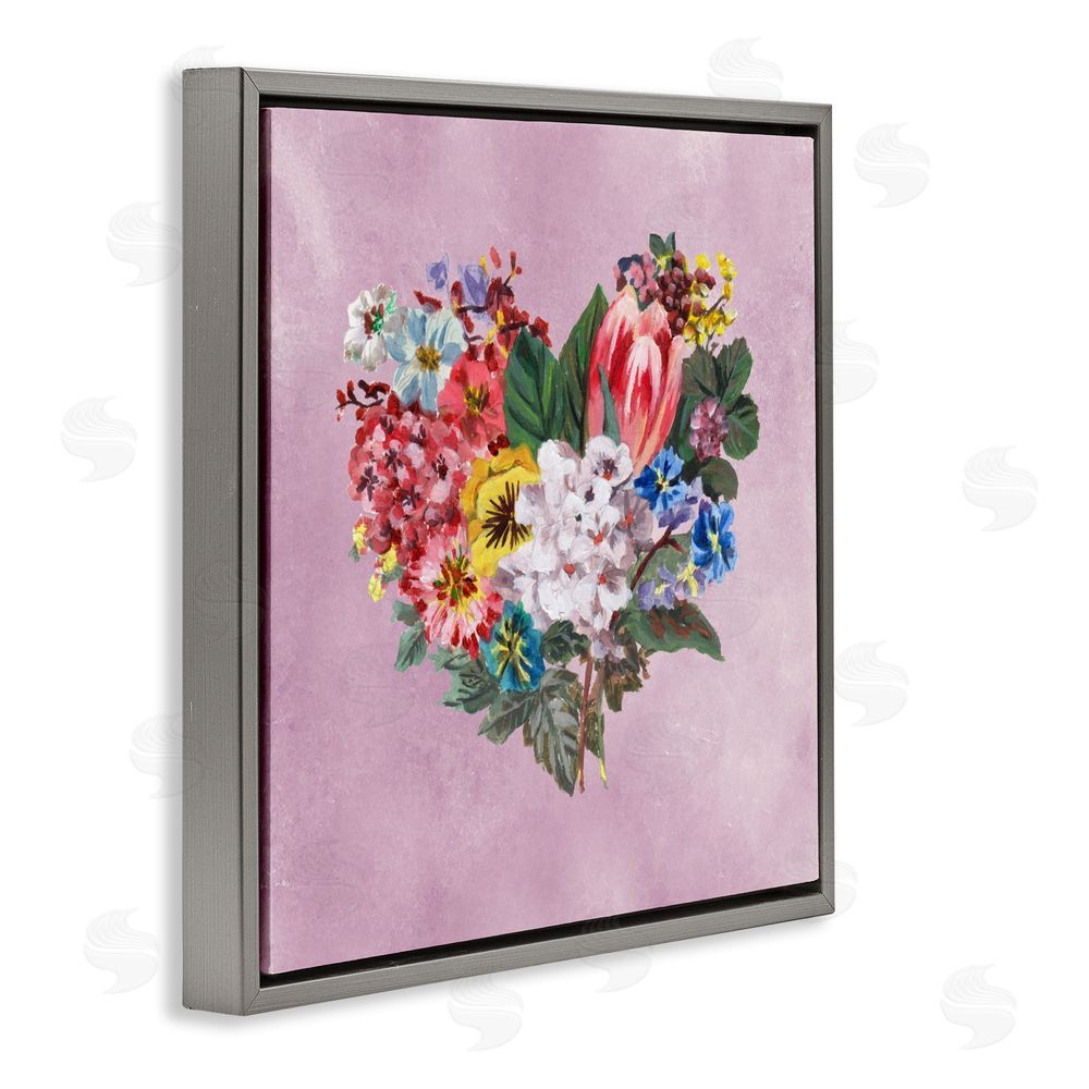Melissa Wang Heart Shaped Garden Blooms Gray Floating Frame Canvas Wall Art