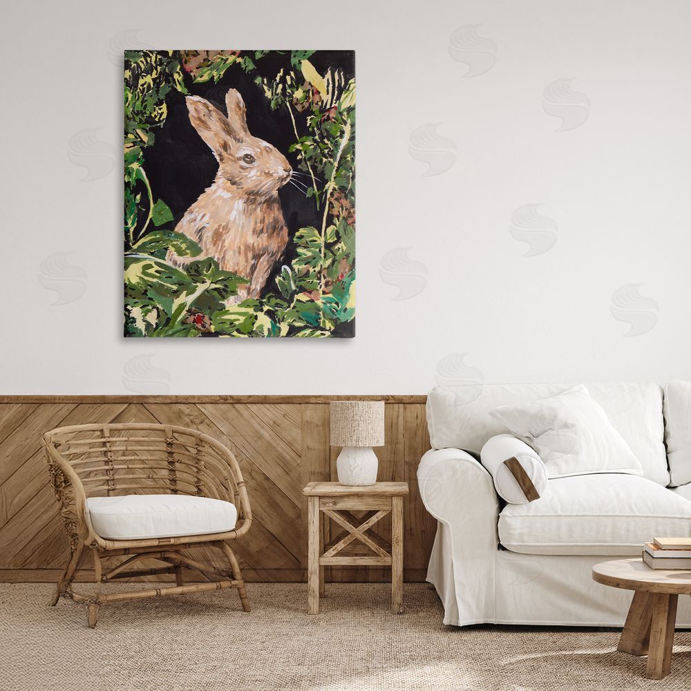 Melissa Wang Wreathed Botanicals Rabbit Stretched Canvas Wall Art Print in Room