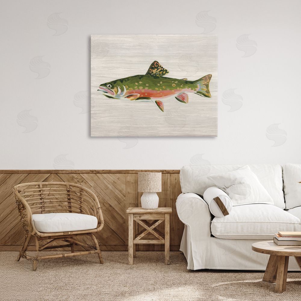 June Erica Vess Brook Trout Rustic Fish Stretched Canvas Wall Art in Room
