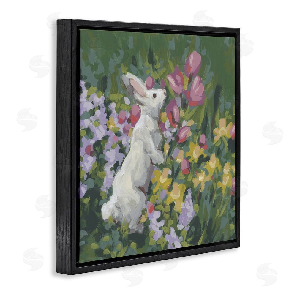 June Erica Vess Bunny in Garden Impression Black Floating Frame Canvas Wall Art Print
