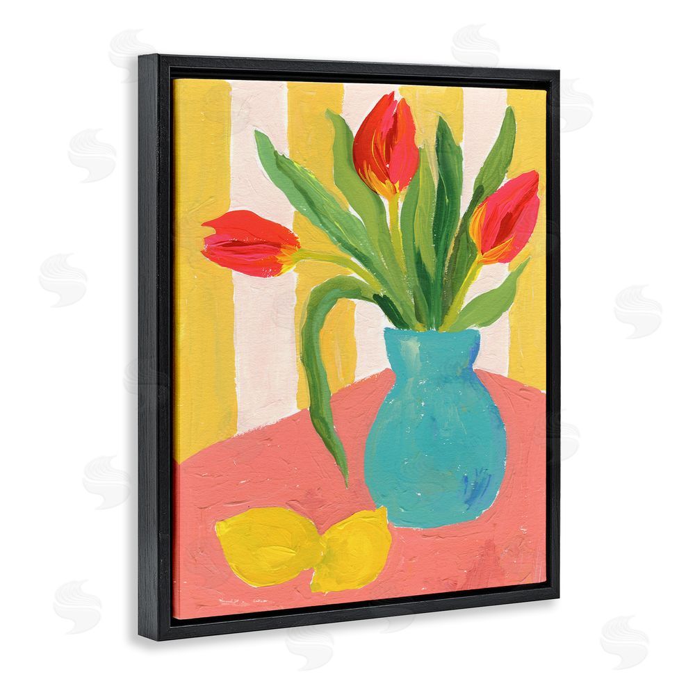 Victoria Barnes Bright Tulips in Blue Vase Black Floating Frame Canvas Wall Art Print
