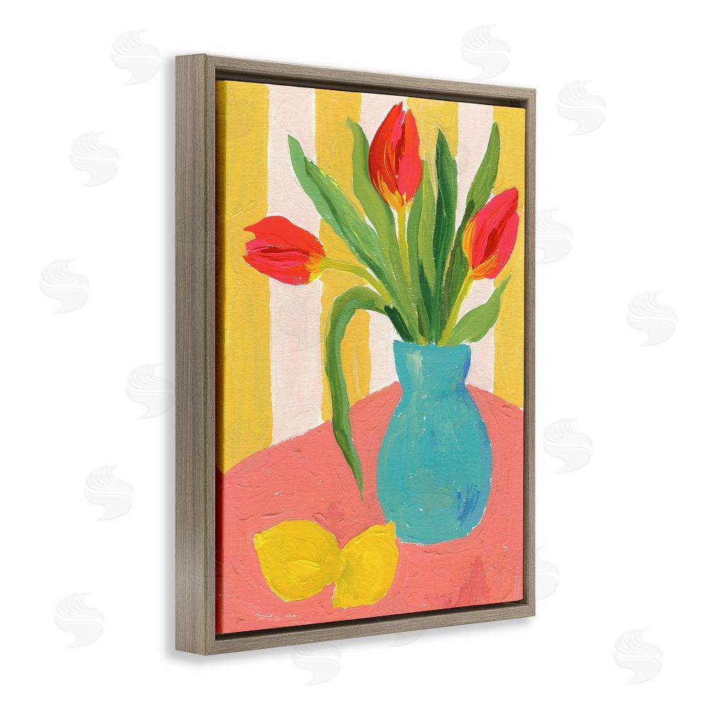Victoria Barnes Bright Tulips in Blue Vase Brown Floating Frame Canvas Wall Art Print