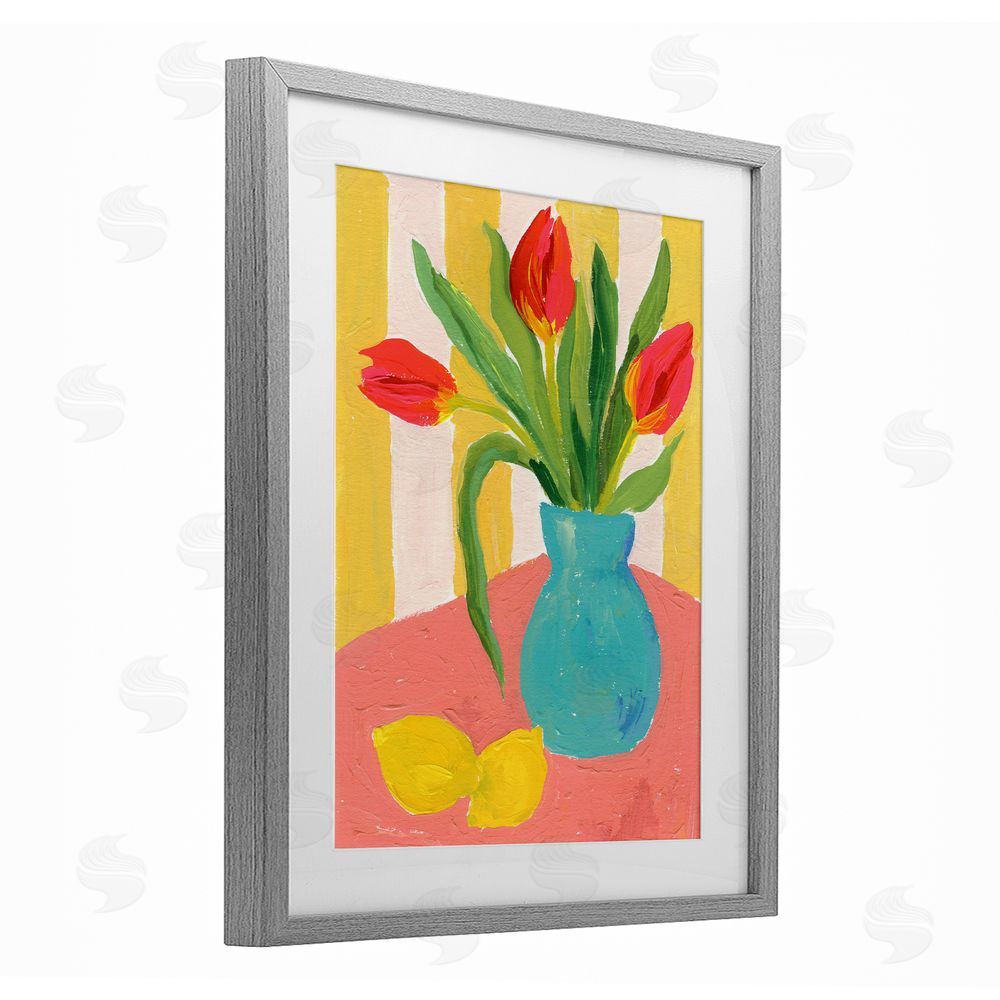 Victoria Barnes Bright Tulips in Blue Vase Gray Framed Print Under Glass Wall Art