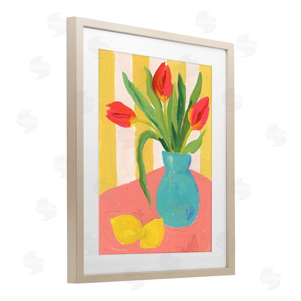 Victoria Barnes Bright Tulips in Blue Vase Brown Framed Print Under Glass Wall Art