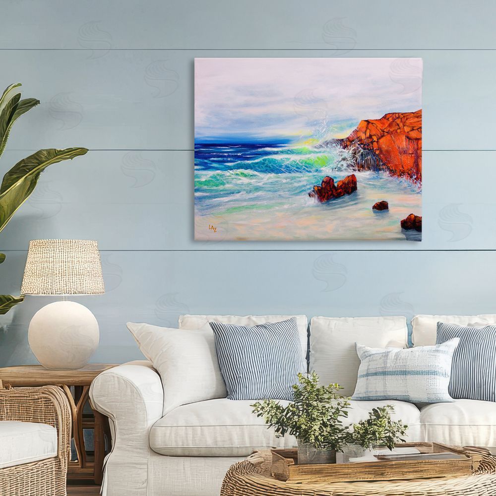 Lee Ann Zirbes Deep Blue Rocky Beach Stretched Canvas Wall Art in Room