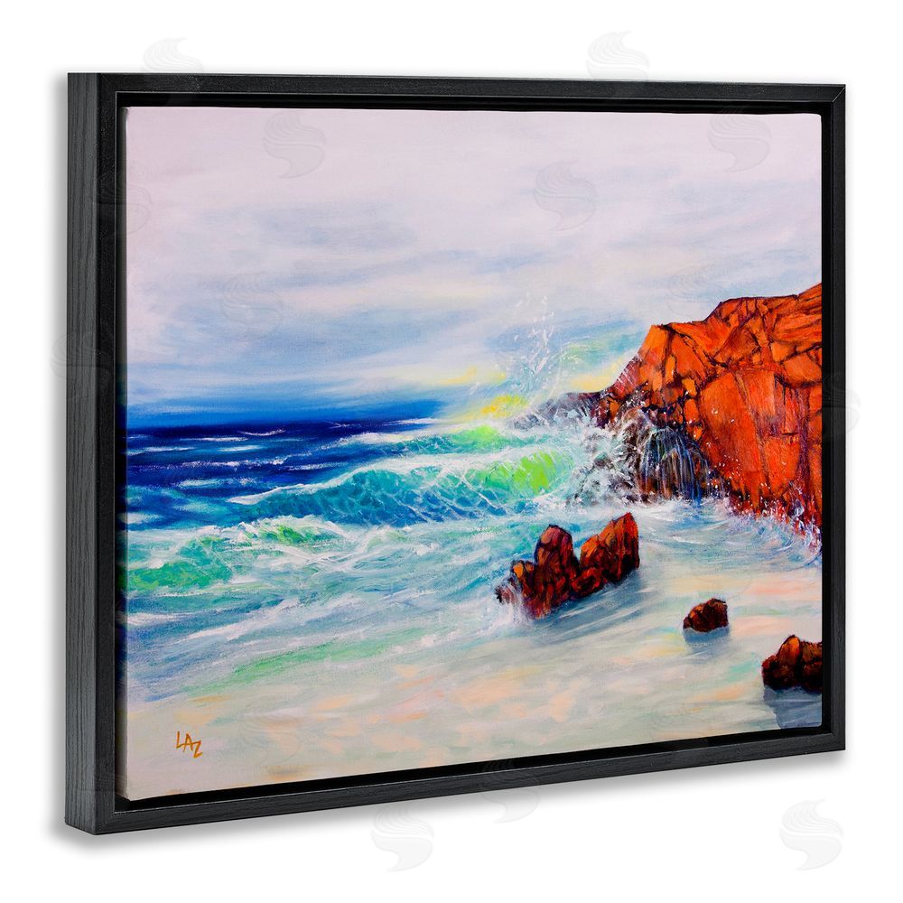 Lee Ann Zirbes Deep Blue Rocky Beach Black Floating Frame Canvas Wall Art Print