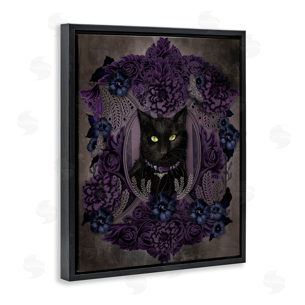 Lori Mosley Black Cat with Gothic Florals Black Floating Frame Canvas Wall Art Print