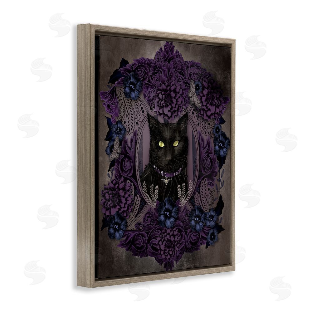 Lori Mosley Black Cat with Gothic Florals Brown Floating Frame Canvas Wall Art Print