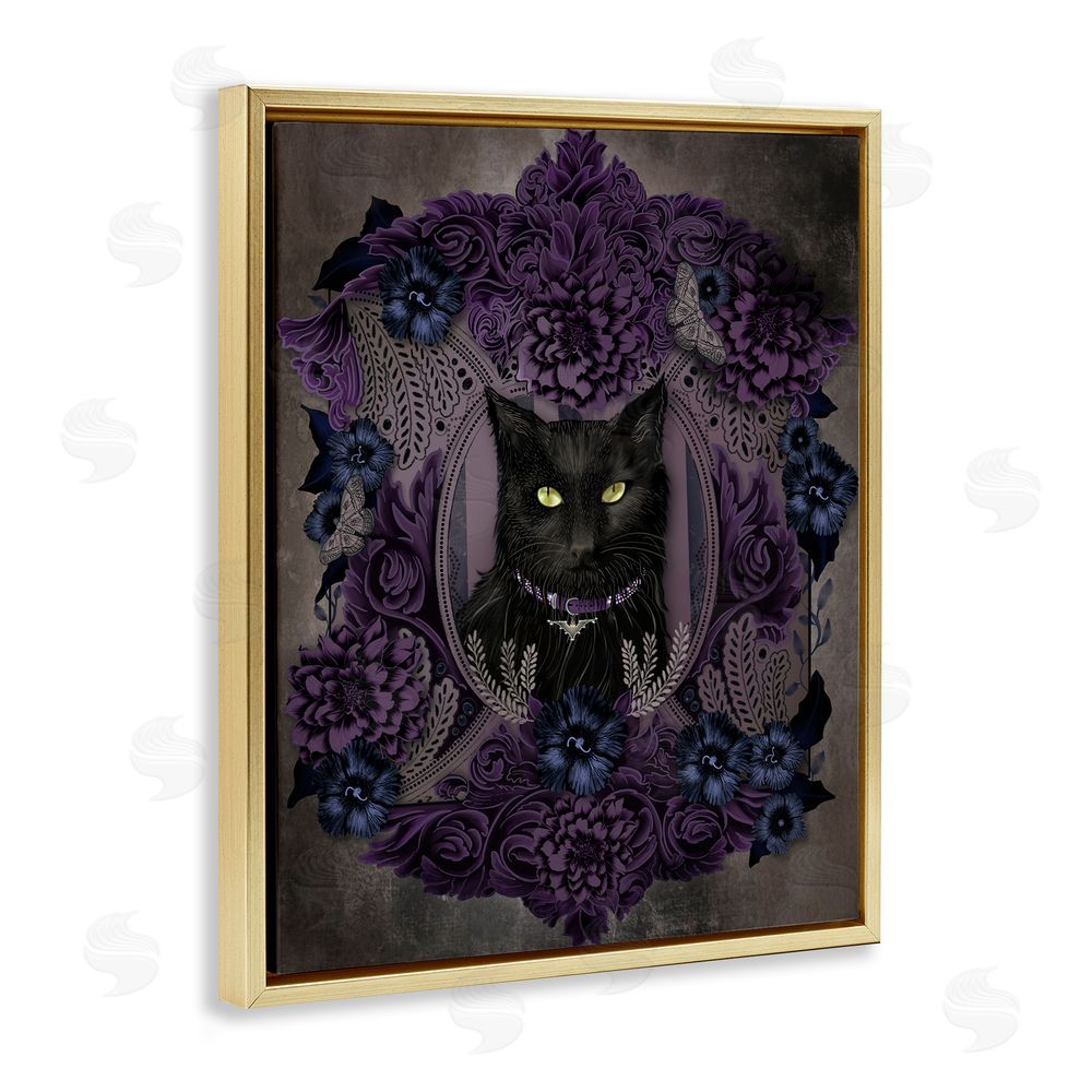 Lori Mosley Black Cat with Gothic Florals Gold Floating Frame Canvas Wall Art Print
