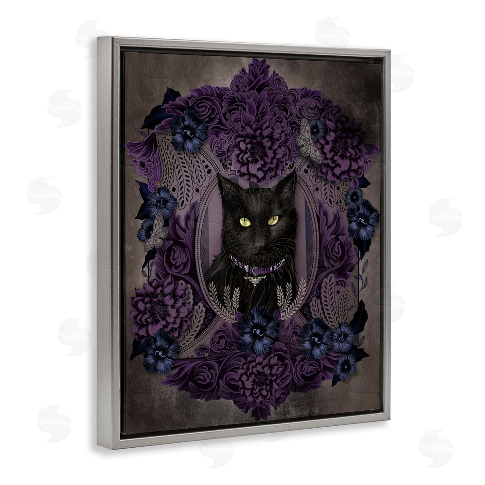 Lori Mosley Black Cat with Gothic Florals Gray Floating Frame Canvas Wall Art Print