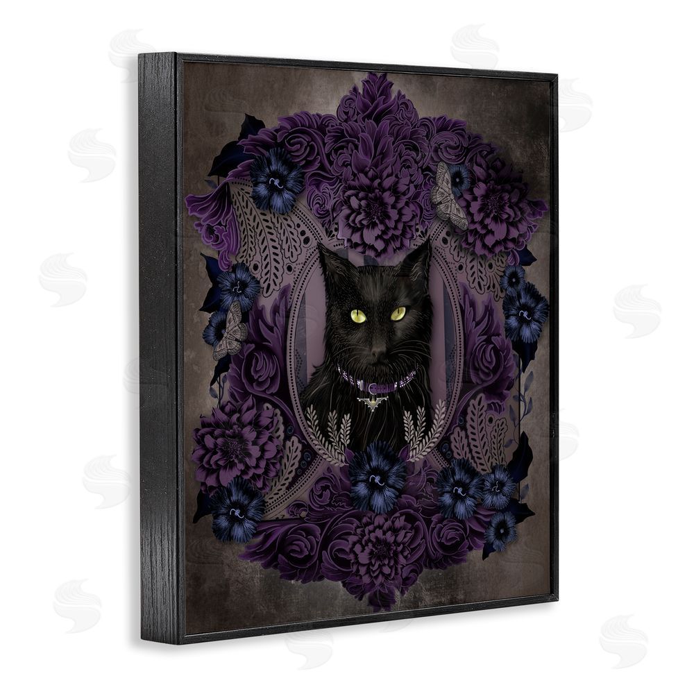 Lori Mosley Black Cat with Gothic Florals Black Framed Giclee Wall Art Print