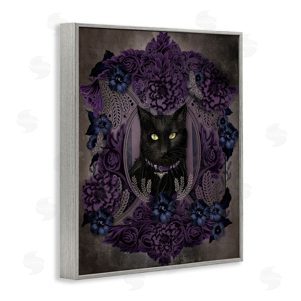 Lori Mosley Black Cat with Gothic Florals Gray Framed Giclee Wall Art Print