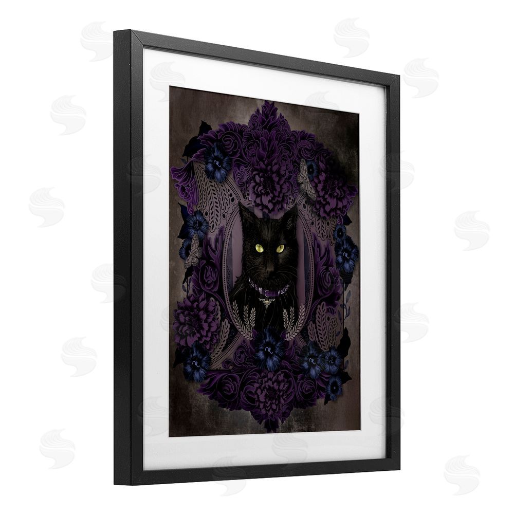 Lori Mosley Black Cat with Gothic Florals Black Framed Print Under Glass with White Mat Wall Art