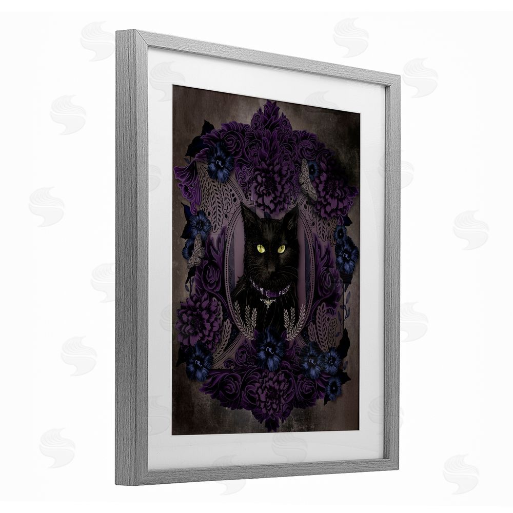 Lori Mosley Black Cat with Gothic Florals Gray Framed Print Under Glass with White Mat Wall Art