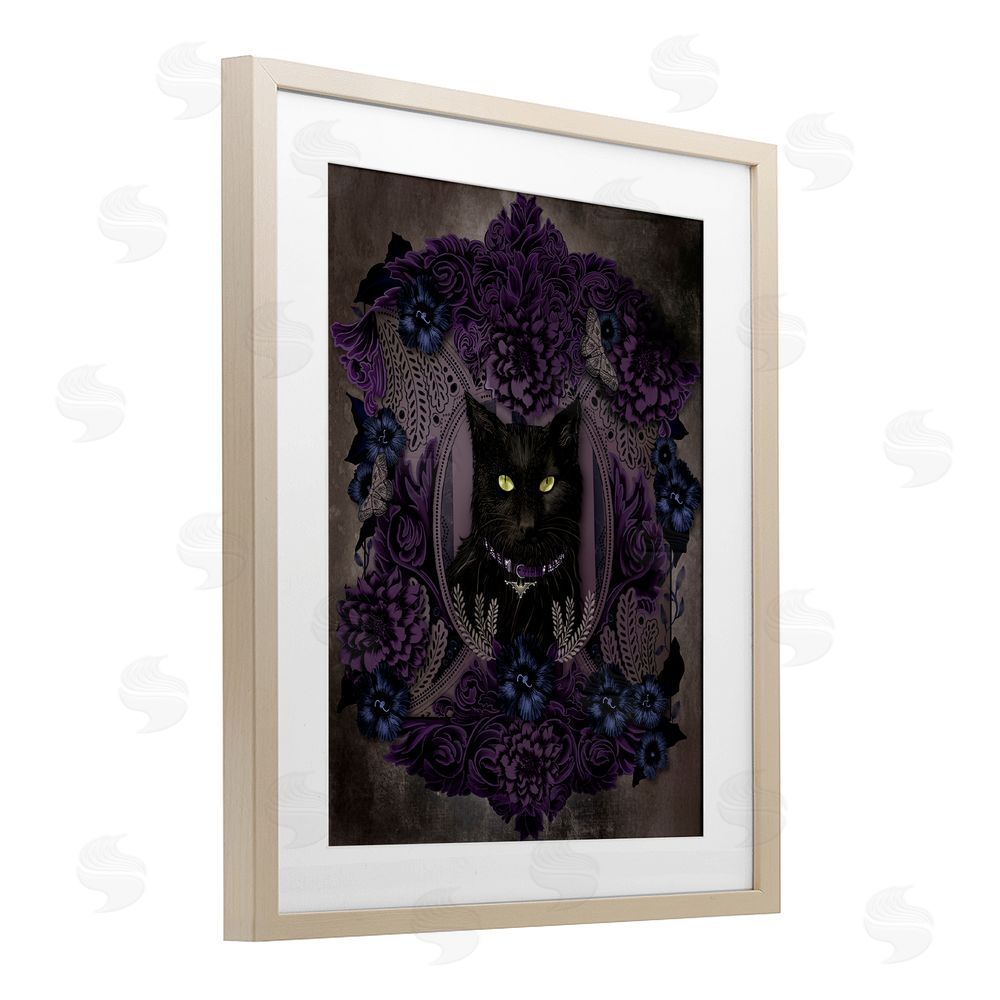 Lori Mosley Black Cat with Gothic Florals Birch Framed Print Under Glass with White Mat Wall Art