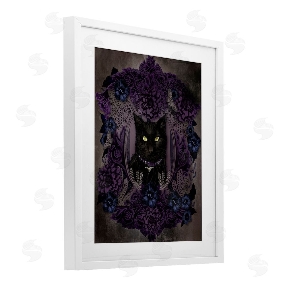 Lori Mosley Black Cat with Gothic Florals White Framed Print Under Glass with Mat Wall Art